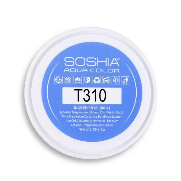 پنکیک سنگی و استخری سوشیا آکوا T310 زیر ظرف پنکیک فشرده ضدآب آکوا سوشیا T310 با برچسب کد شید، ترکیبات و وزن